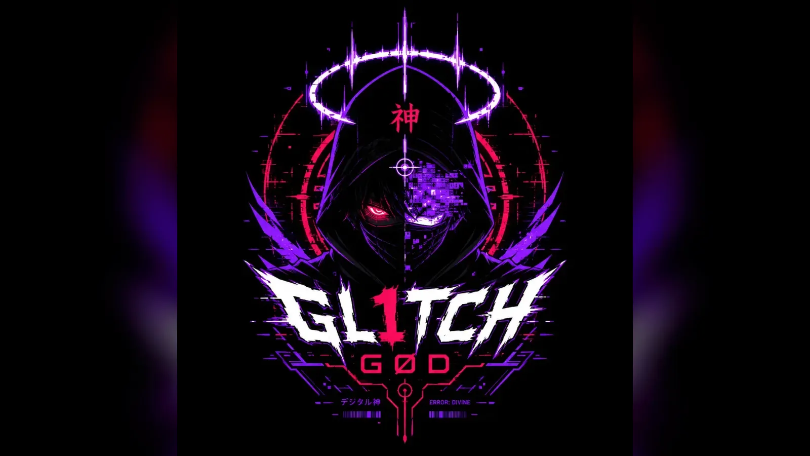 Gl1tch G0d hooded figure with glitch-art branding